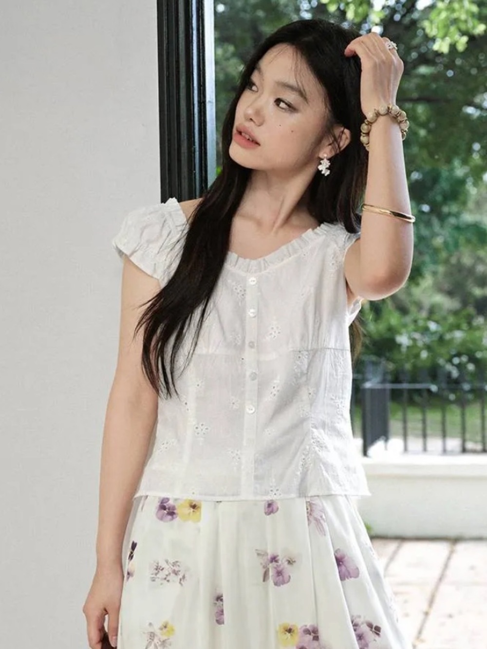 Women’s White Eyelet Button-Front Maxi Top - Timeless Summer Layering